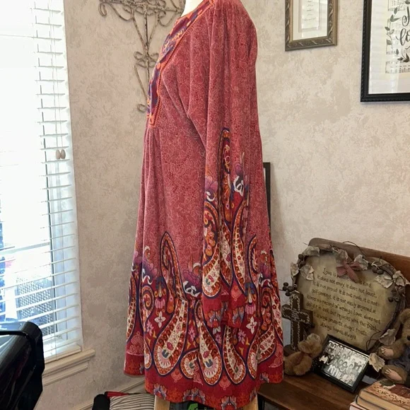 🆕NWOT🌻BOHO PAISLEY DRESS🍁Notch Neck❤️Brick Red Base Size Large - Picture 3 of 11